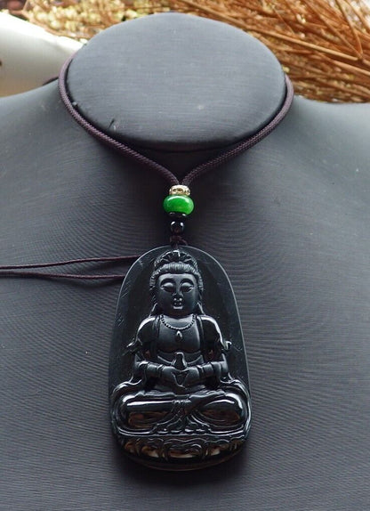 Certified Green Black 100% Natural A Jade jadeite pendant Guanyin Kwan Yin Lotus Flower Necklace 墨翠 观音 525065  TN
