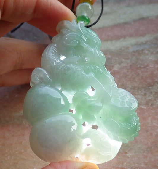 Certified Green Burma 100% Natural A Jade jadeite Pendant Dragon Gourd Coin Necklace 生意兴隆 635154  TN