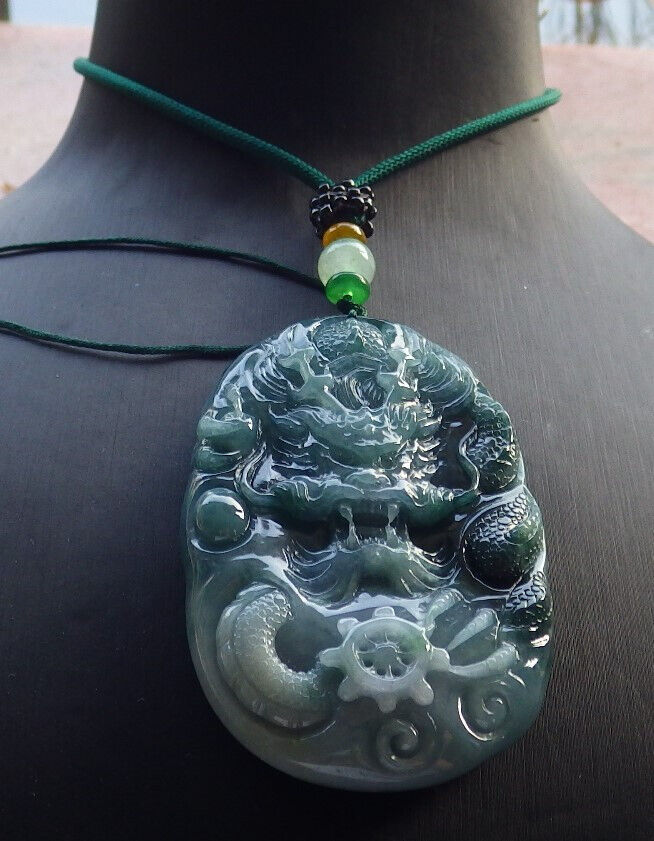 Certified Icy Green Pale Lavender Burma 100% Natural A Jade jadeite Pendant Dragon Bead Necklace 生意兴隆 634245  TN