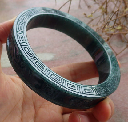 Certified Icy Green Burma 100% Natural A JADE Jadeite Dragon Phoenix Longevity Bangle Bracelet 67 mm 手镯 634443  TN