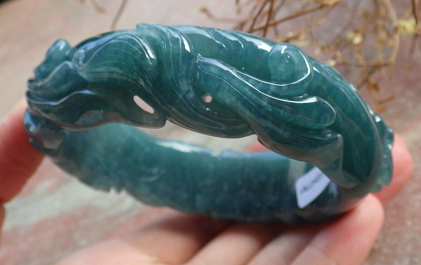 Certified Icy Blue Water Green Burma 100% Natural A JADE Jadeite Dragon Bangle Bracelet 60 mm 手镯 635086  AS