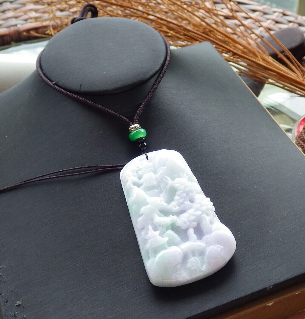 Certified Green Pale Lavender 100% Natural A Jade jadeite Landscape painting Tree Necklace 山水画 521223  TN