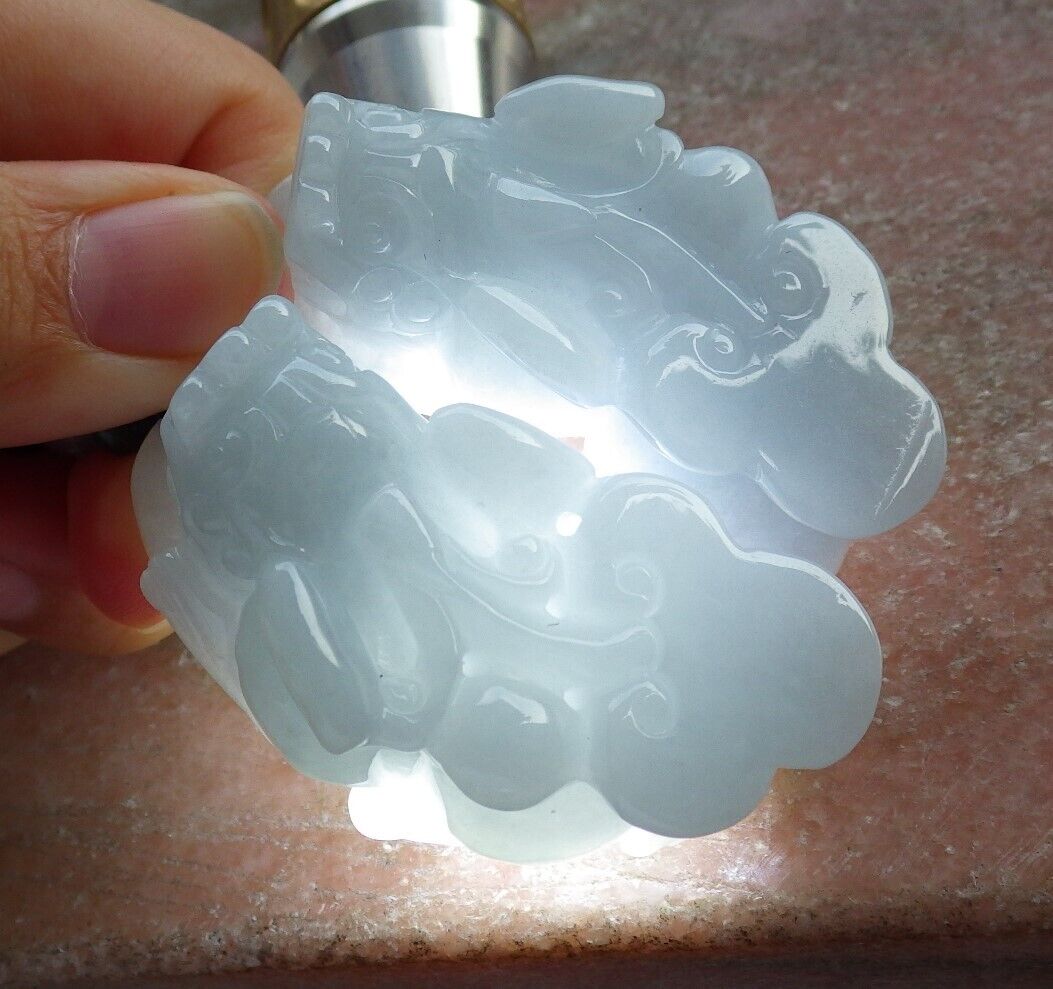 Pair Certified Pale Green Lavender Burma 100% Natural A Jade jadeite Pendant Dragon Pi Xiu Money Coin Ruyi Necklace 风水貔貅 573973 TN