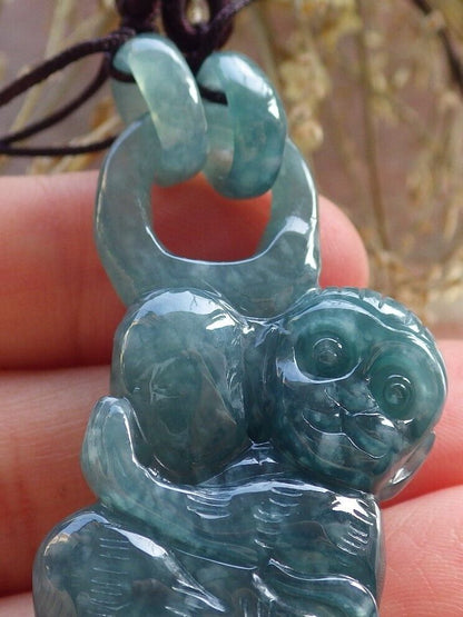 Certified Icy Green Burma 100% Natural A Jade jadeite Pendant Monkey Peach W Ring 猴子 645763 TN