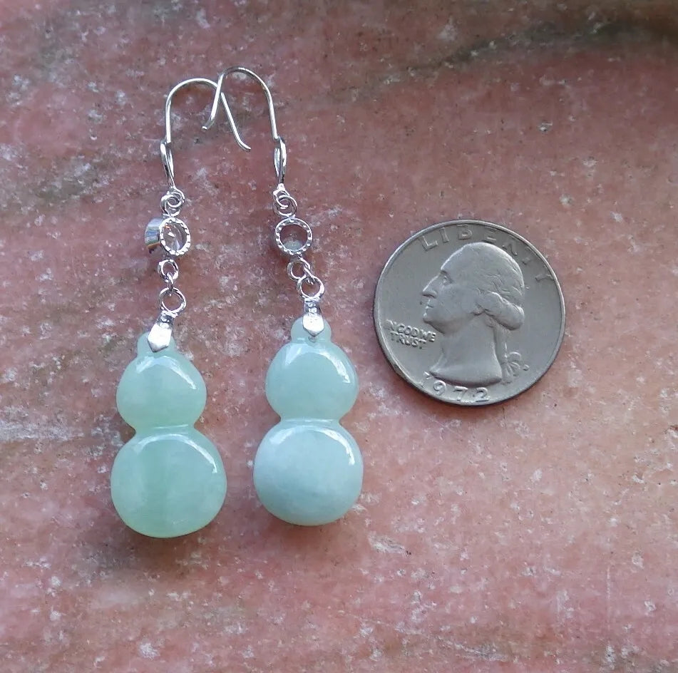 Certified Icy Green Sterling Silver 0.925 Natural A Jade jadeite Gourd Earrings Earring Dangle 耳环 524289  TN