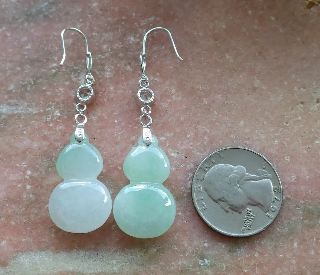 Certified Icy Green Sterling Silver 0.925 Natural A Jade jadeite Gourd Earrings Earring Dangle 耳环 524317  TN
