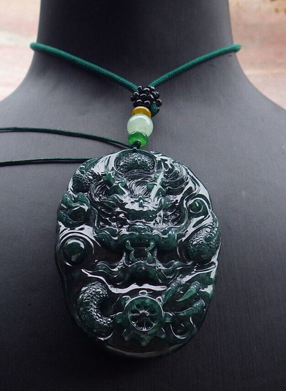 Certified Icy Blue Water Green Burma 100% Natural A Jade jadeite Pendant Dragon Bead Necklace 生意兴隆 636309  TN