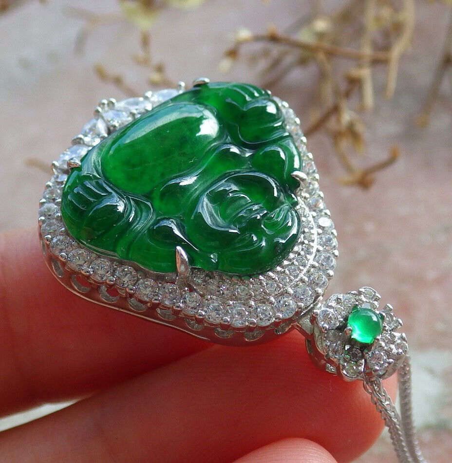 Icy Green Silver 925 Certified Burma 100% Natural A JADE Jadeite pendant Happy Buddha God Necklace 佛公 635107   TN