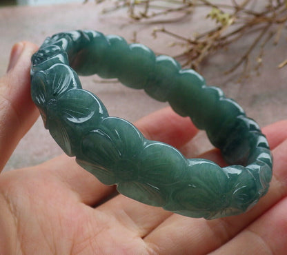 Certified Icy Green Burma 100% Natural A JADE Jadeite Flower Bangle Bracelet 55 mm 635451  AS