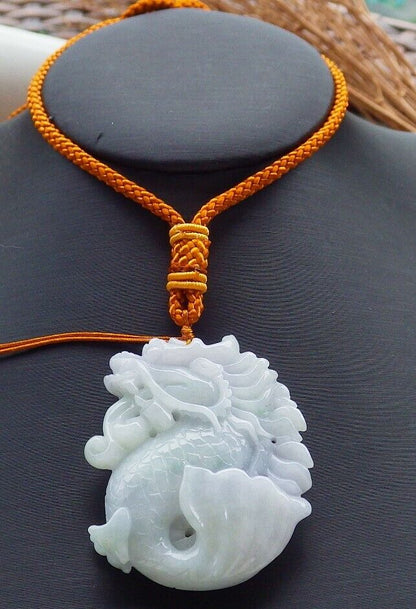 Certified Green Pale Lavender 100% Natural A Jade jadeite Pendant Dragon Fish Bead Money Coin Necklace 龙鱼 520364  TN