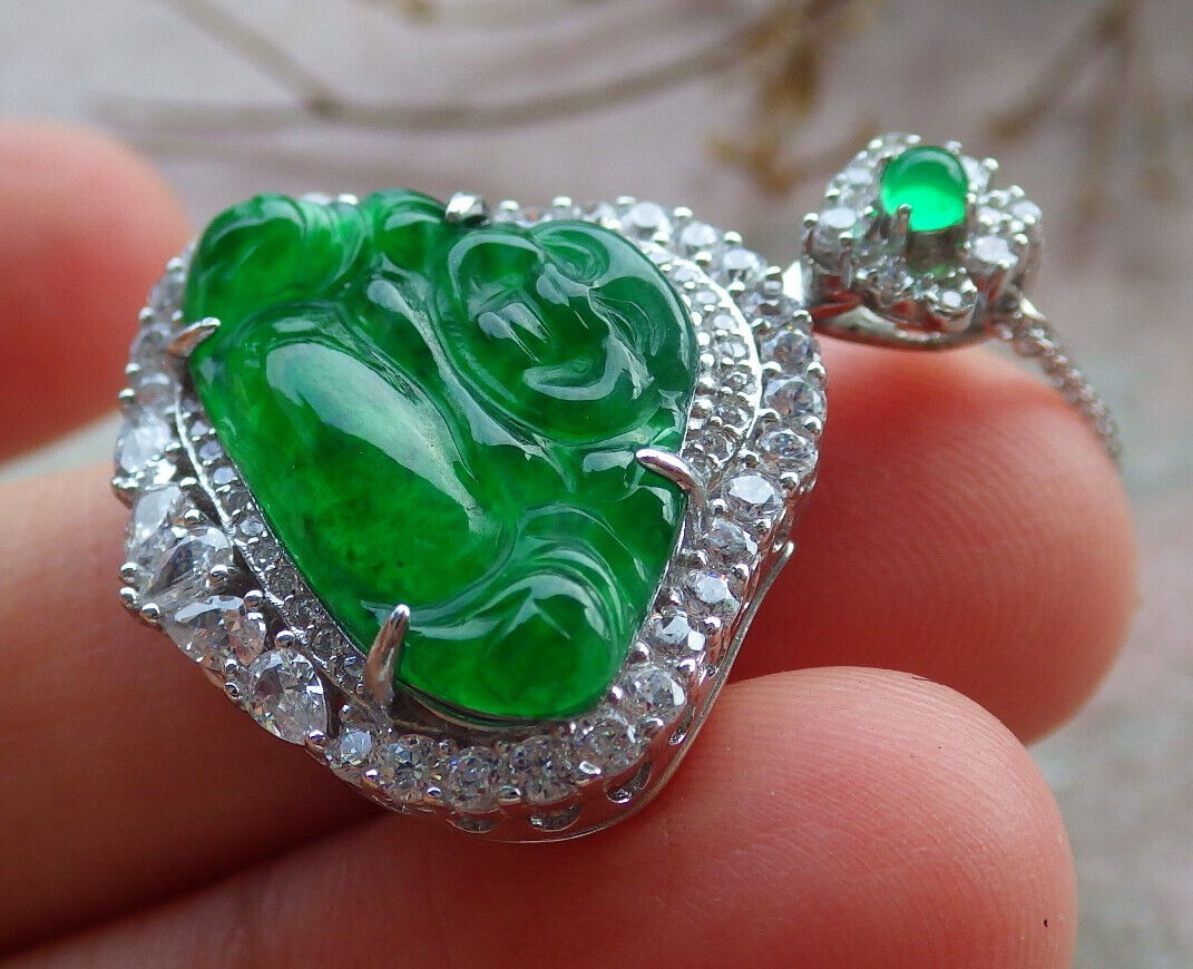 Icy Green Silver 925 Certified Burma 100% Natural A JADE Jadeite pendant Happy Buddha God Necklace 佛公 635238  TN