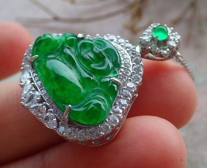 Icy Green Silver 925 Certified Burma 100% Natural A JADE Jadeite pendant Happy Buddha God Necklace 佛公 635238  TN