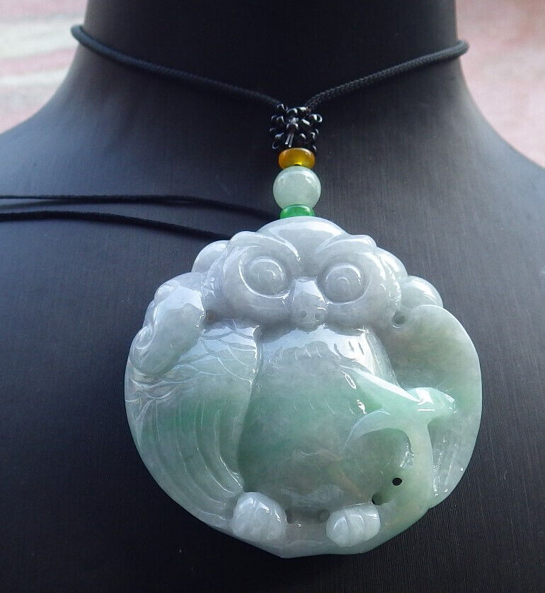 Certified Green Pale Lavender Burma 100% Natural A Jade jadeite Pendant Owl Lotus Flower Ruyi Necklace 猫头鹰 632902  TN