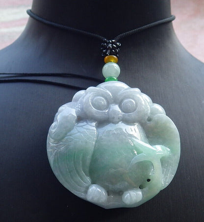 Certified Green Pale Lavender Burma 100% Natural A Jade jadeite Pendant Owl Lotus Flower Ruyi Necklace 猫头鹰 632902  TN