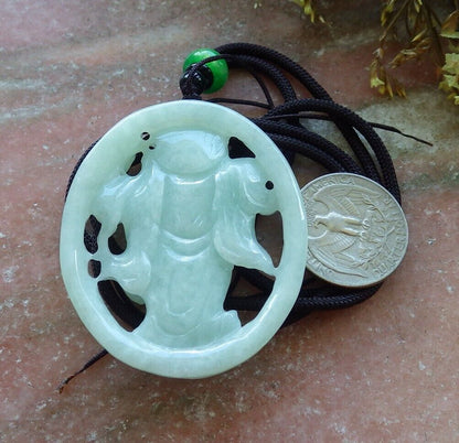 Certified Green 100% Natural A Jade jadeite pendant Happy Buddha God Ruyi Necklace 开心佛 523991  TN
