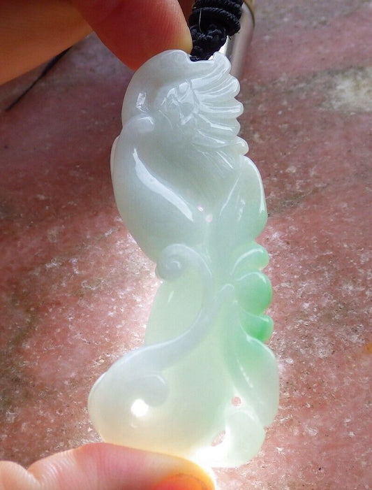 Certified Green 100% Natural A Jade jadeite Pendant Phoenix Lotus Flower Necklace 凤凰 528814  TN