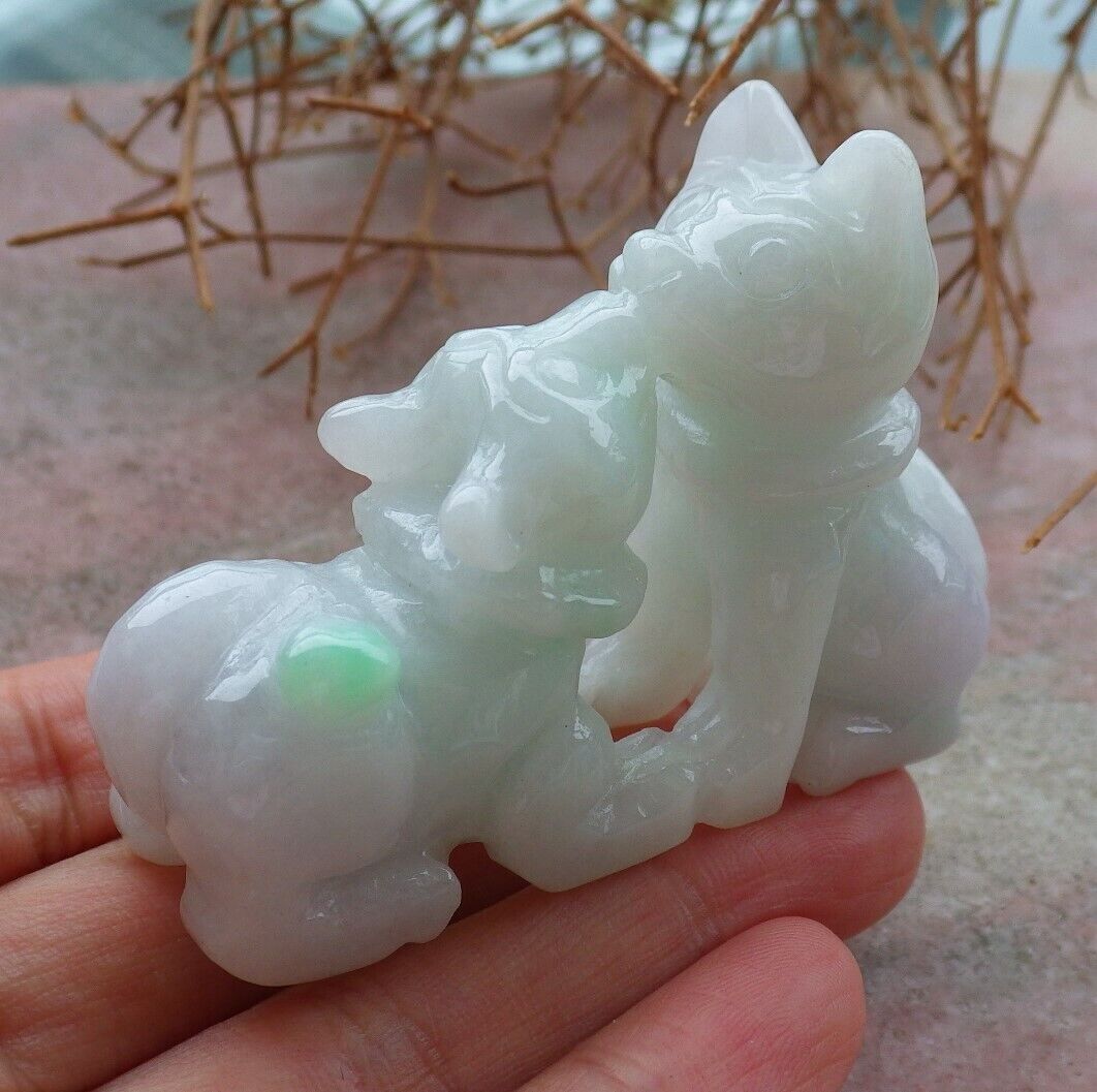 Certified Green Pale Lavender 100% Natural A Jade jadeite Display Pendant Twin Cat 招财猫 520700  TN ** Include woodstand **