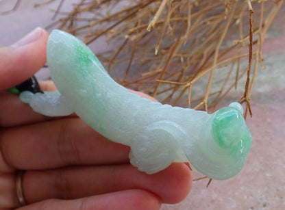 Certified Icy Green 100% Natural A Jade jadeite Pendant Dragon Lizard Lotus Flower Ruyi Necklace 龙蜥蜴 520903  TN