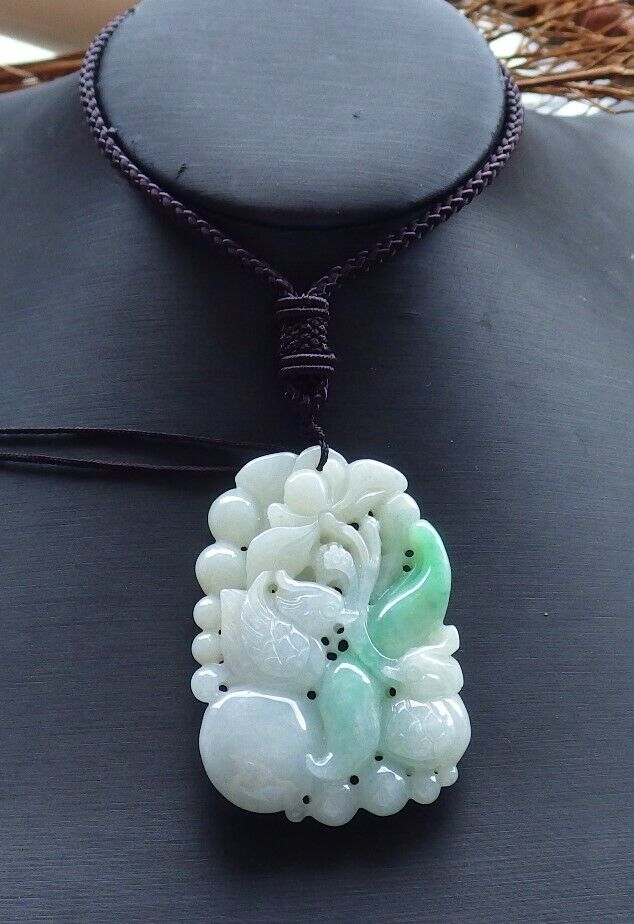 Certified Green 100% Natural A Jade jadeite Pendant Mandarin Duck Phoenix Lotus Flower Ruyi Necklace 鸳鸯 528863  TN