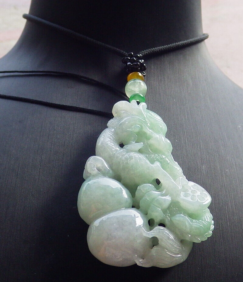 Certified Green Burma 100% Natural A Jade jadeite Pendant Dragon Gourd Coin Necklace 生意兴隆 635154  TN