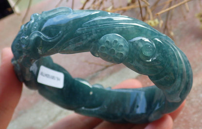 Certified Icy Blue Water Green Burma 100% Natural A JADE Jadeite Dragon Bangle Bracelet 60 mm 手镯 635086  AS