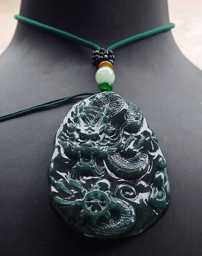 Certified Icy Blue Water Green Burma 100% Natural A Jade jadeite Pendant Dragon Bead Necklace 生意兴隆 636290  TN