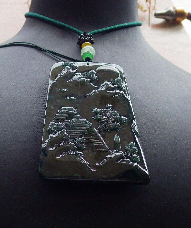 Atestita Glacia Blua Akvo Birmo 100% Natura A Jadejadeito Pendilo Pejzaĝa Pentrado Arba Koliero 山水画 634453 TN