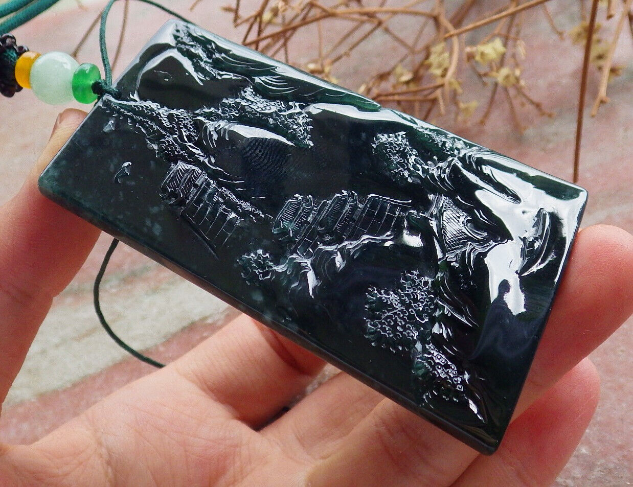 Atestita Glacia Blua Akvo Birmo 100% Natura A Jadejadeito Pendilo Pejzaĝa Pentrado Arba Koliero 山水画 634462 TN