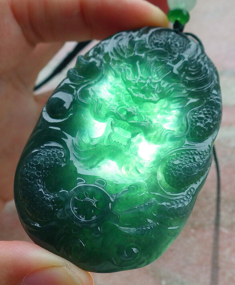 Certified Icy Green Burma 100% Natural A Jade jadeite Pendant Dragon Bead Necklace 生意兴隆 636299  TN