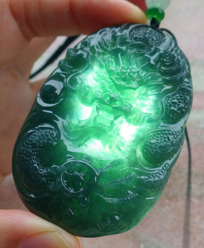 Certified Icy Green Burma 100% Natural A Jade jadeite Pendant Dragon Bead Necklace 生意兴隆 636299  TN