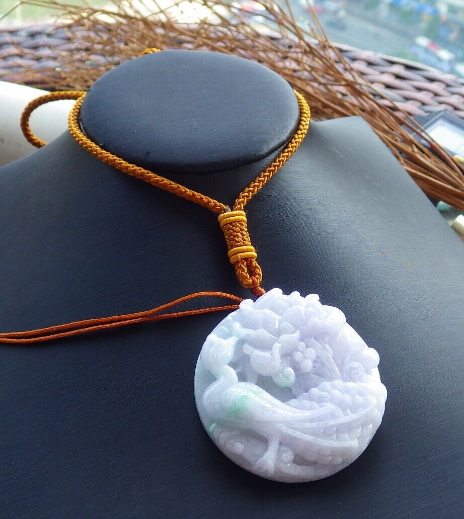Certified Green Pale Lavender 100% Natural A Jade jadeite Pendant Phoenix Bird Flower Necklace 鸟语花香 521055  TN
