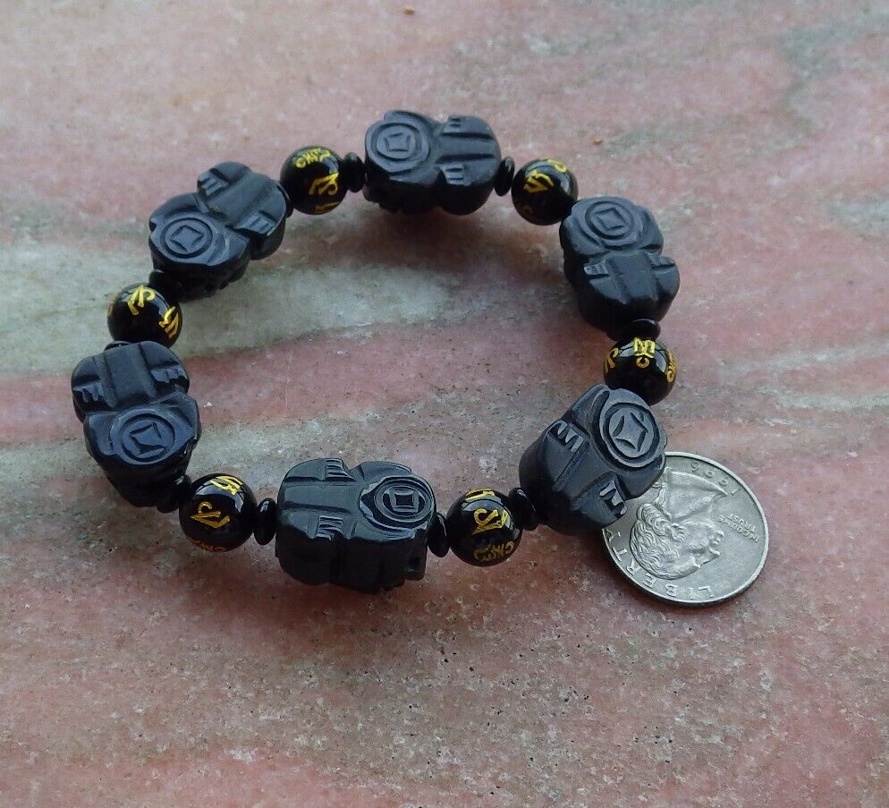 Certified Green Black Burma 100% Natural A JADE Jadeite Bead Beads Bangle Dragon Pi Xiu Coin Bracelet 墨翠风水貔貅手链 565180 TN