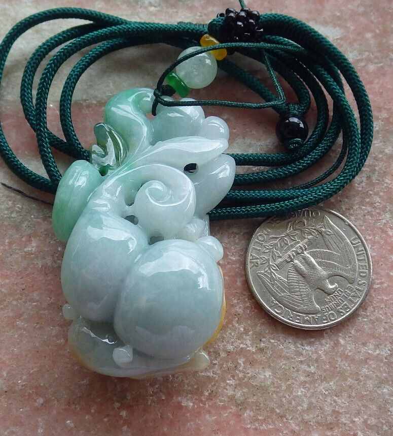 Certified Yellow Green Burma 100% Natural A Jade jadeite Pendant Phoenix Bird Ruyi Gourd Necklace 634419  TN