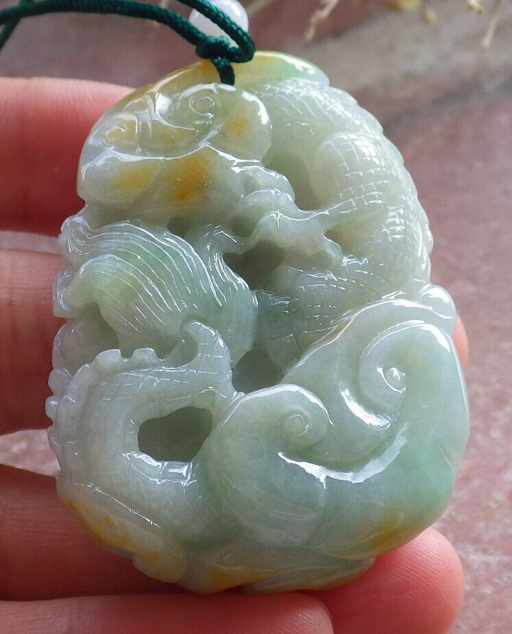 Certified Yellow Green Burma 100% Natural A Jade jadeite Pendant Dragon Ruyi Bead Necklace 生意兴隆 646776 TN