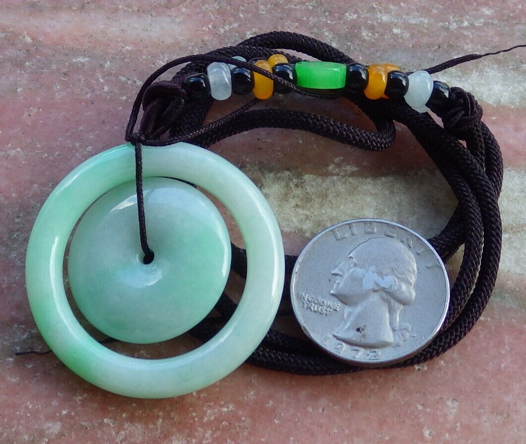 Certified Green 100% Natural A Jade jadeite Pendant Circle Donut Necklace 母子平安扣 528770  TN