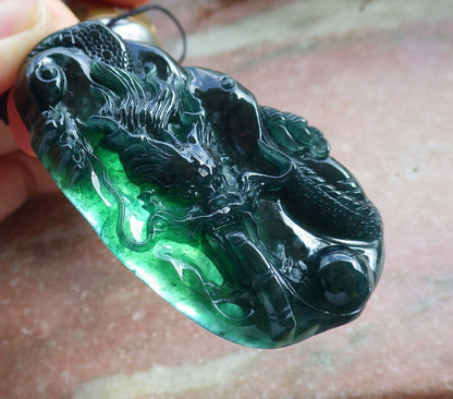 Atestita Glacia Blua Akvo Verda Birmo 100% Natura A Jadejadeita Pendanta Drako-Perlo-Koliero 生意兴隆 632763 TN