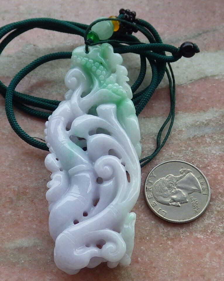 Certified Lavender Green Burma 100% Natural A Jade jadeite Pendant  Dragon Bat Lotus Leaf Necklacde 生意兴隆 636213  TN