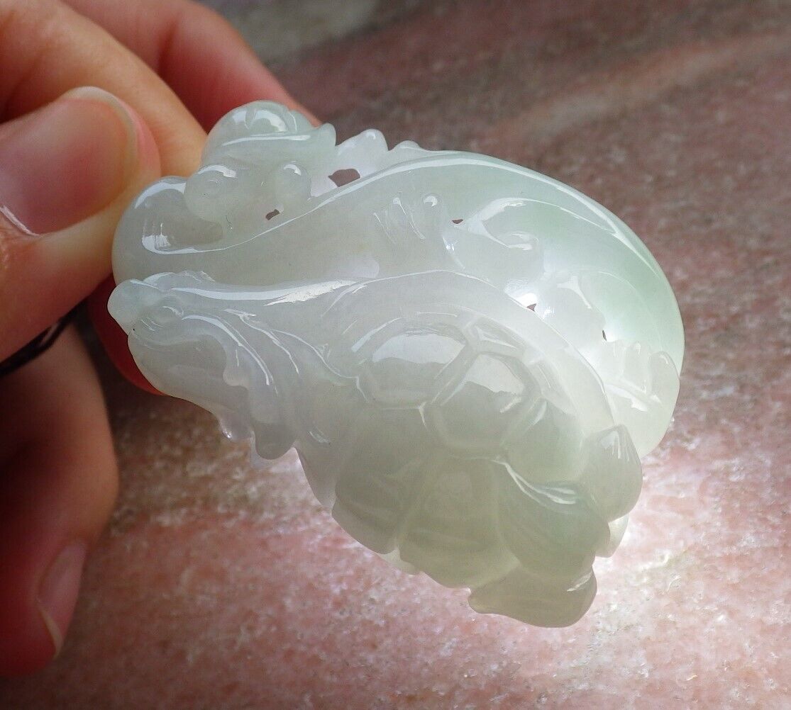 Certified Icy Green Pale Lavender Burma 100% Natural A Jade jadeite Pendant Dragon Turtle Ruyi Coin Necklace 龙龟 574488 TN