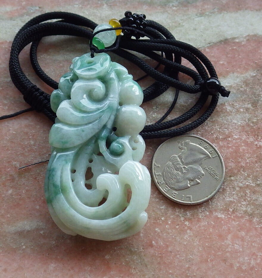 Certified Green Burma 100% Natural A Jade jadeite Pendant Phoenix Ruyi Coin Necklace 凤凰 635433  AS