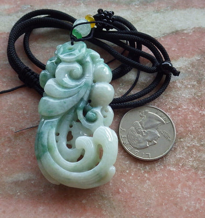 Certified Green Burma 100% Natural A Jade jadeite Pendant Phoenix Ruyi Coin Necklace 凤凰 635433  AS