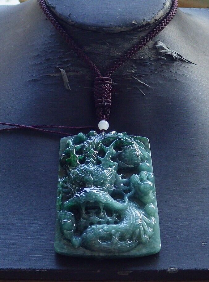 Certified Green Burma 100% Natural A Jade jadeite Pendant Dragon Bead Necklace 生意兴隆 574886 TN