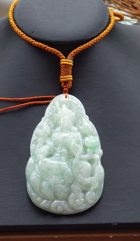 Certified Green 100% Natural A Jade jadeite pendant Guanyin Kwan Yin Lotus Flower Necklace 观音 519948  TN
