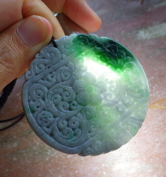 Certified Green Pale Lavender 100% Natural A Jade jadeite Pendant Bat Dragon Flower Coin Ruyi * Fu * Necklace 龙蝙蝠花牌 529263  TN