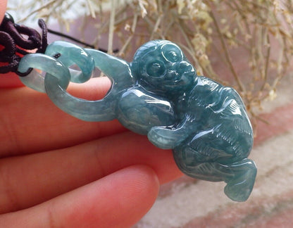 Certified Icy Green Burma 100% Natural A Jade jadeite Pendant Monkey Peach W Ring 猴子 645763 TN