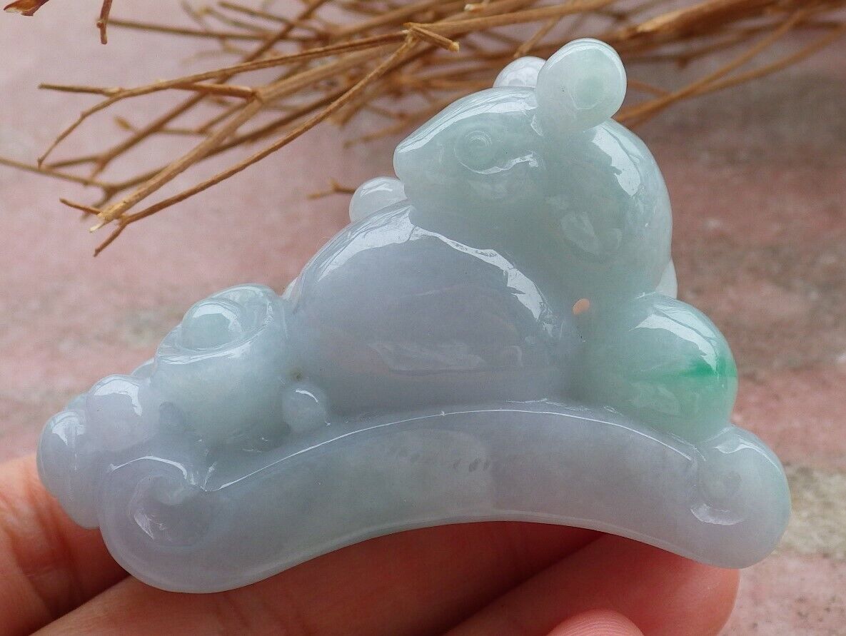 Certified Green Pale Lavender 100% Natural A Jade jadeite Display Mouse Rat Bat Yuan Bao Ruyi Money Coin Ruyi 发财鼠 520334  TN** Include woodstand **