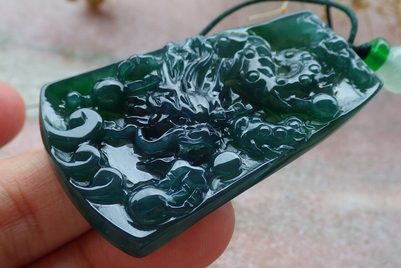 Certified Icy Green Burma 100% Natural A Jade jadeite Pendant Dragon Bead Necklace 生意兴隆 636507  TN