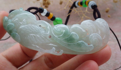 Certified Green Burma 100% Natural A Jade jadeite Pendant Phoenix Lotus Flower Coin Necklace 凤凰 636616  TN