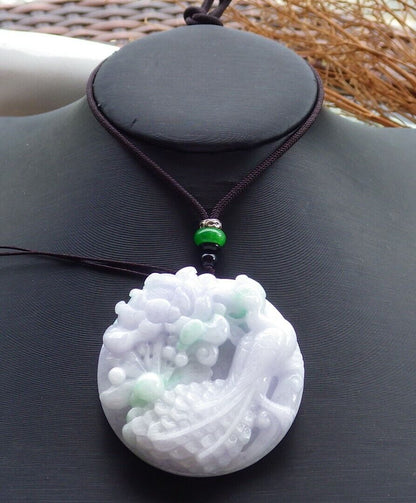 Certified Green Pale Lavender 100% Natural A Jade jadeite Pendant Phoenix Peacock Flower Circle Necklace 孔雀 520800 **TN