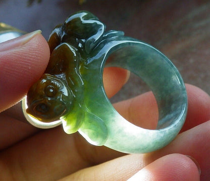 Certified Yellow Icy Green Burma 100% Natural A JADE Jadeite Monkey Coin RING USA. 10 戒指 574078 TN