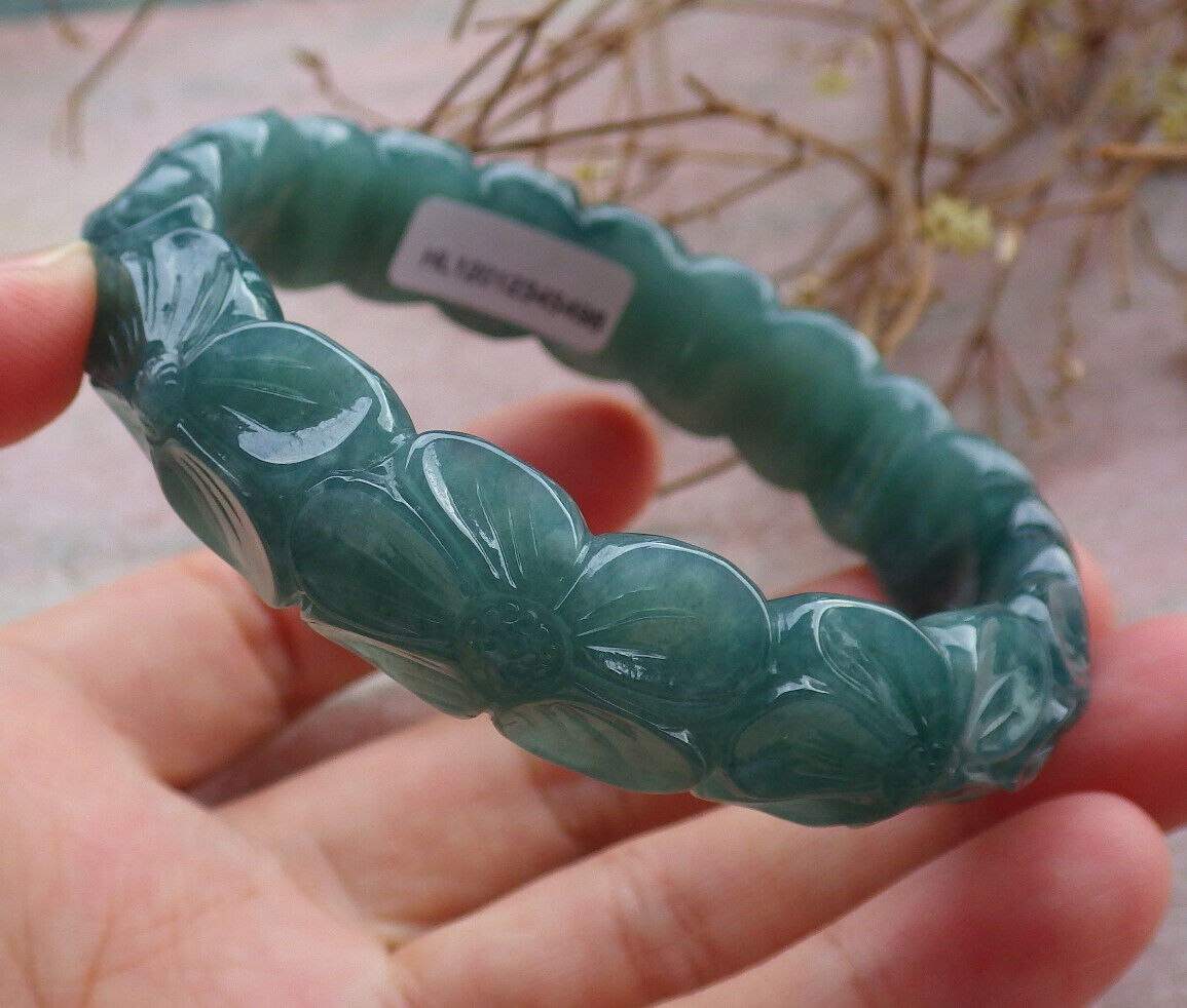 Certified Icy Green Burma 100% Natural A JADE Jadeite Flower Bangle Bracelet 58 mm 635488  TN
